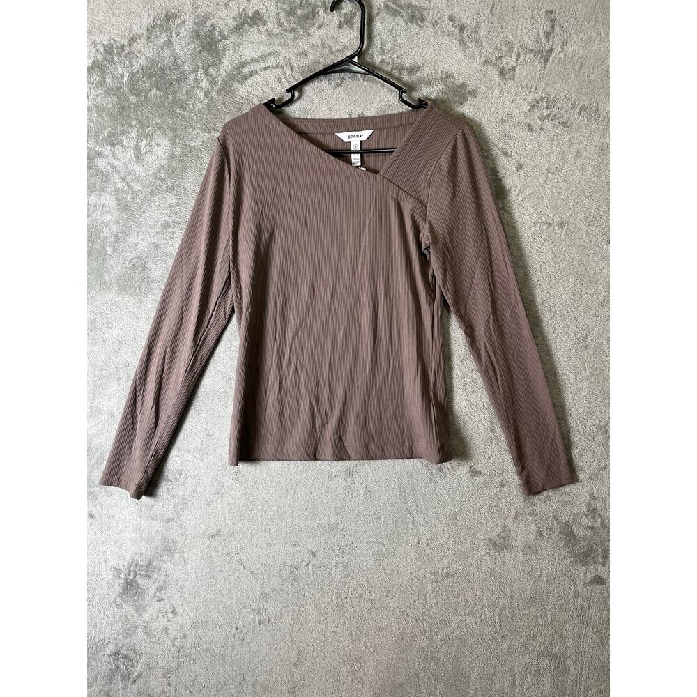 SPANX Rib Asymmetrical Neck Top Smoke Taupe Elevated Basics Capsule Wardrobe New